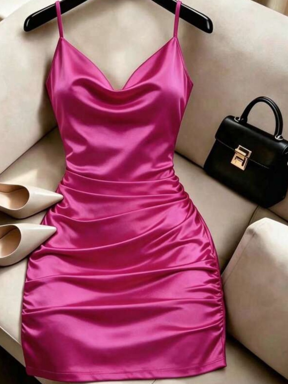Fuchsia Satin Spaghetti Strap Bodycon Dress